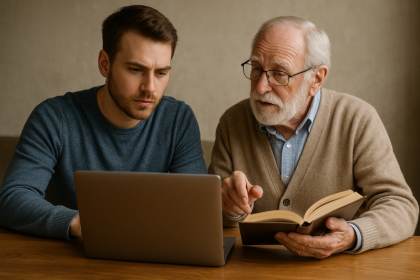 Mladý člověk pracuje s notebookem či tabletem, zatímco vedle něj starší muž drží knihu nebo sešit. Oba jsou v rozhovoru, jejich gesta vyjadřují spolupráci a předávání zkušeností.