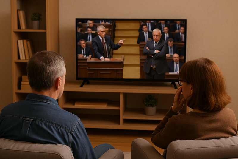 Vtipná glosa Vladislava o tom, jak se z parlamentních debat stává manželská hádka s mikrofony, kde se místo porozumění soutěží o to, kdo má hlasitější ego.